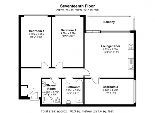Floor Plan Image for 3 Bedroom Apartment to Rent in Castlemaine Tower, Culvert Road, Battersea
