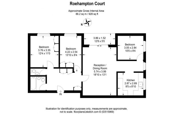 Floor Plan for 3 Bedroom Apartment to Rent in Roehampton Court, Queens Ride, Barnes, SW13, 0HU - £381 pw | £1650 pcm