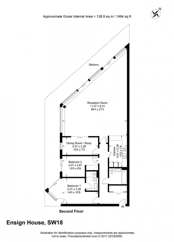 Floor Plan for 3 Bedroom Apartment to Rent in Ensign House, Juniper Drive, Battersea, SW18, 1TR - £945 pw | £4095 pcm