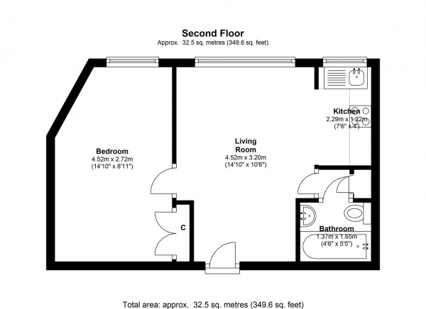 Floor Plan for 1 Bedroom Apartment to Rent in Harwood Court, Upper Richmond Road, London, SW15, 6JG - £312 pw | £1350 pcm