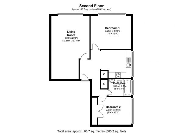 Floor Plan for 2 Bedroom Apartment to Rent in Brett House, Putney Heath Lane, London, SW15, 3JE - £438 pw | £1900 pcm