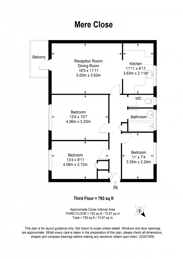 Floor Plan Image for 3 Bedroom Apartment to Rent in Mere Close, Putney