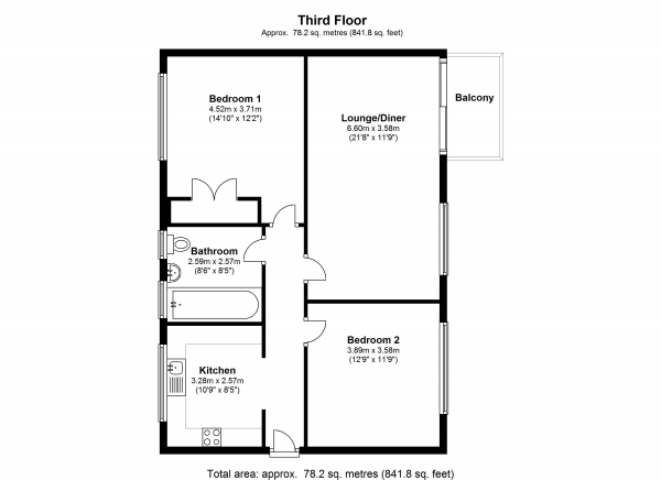 Floor Plan for 2 Bedroom Apartment to Rent in Grosvenor Court, Rayners Road, Putney, SW15, 2AX - £392 pw | £1700 pcm