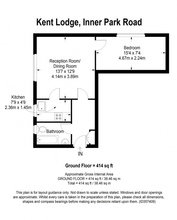 Floor Plan for 1 Bedroom Apartment to Rent in Kent Lodge, Inner Park Road, London, SW19, 6DU - £254 pw | £1100 pcm
