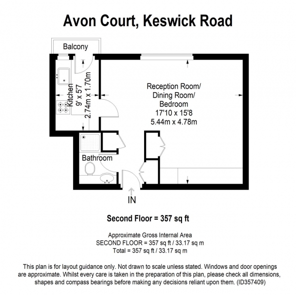 Floor Plan for Studio to Rent in Avon Court, Keswick Road, Putney, SW15, 2JU - £312 pw | £1350 pcm