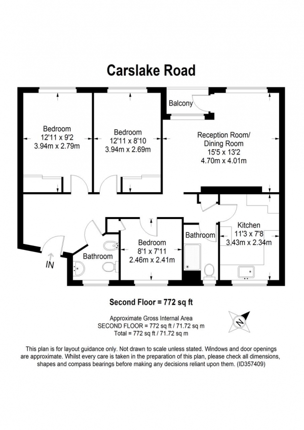 Floor Plan Image for 3 Bedroom Apartment for Sale in Carslake Road, London