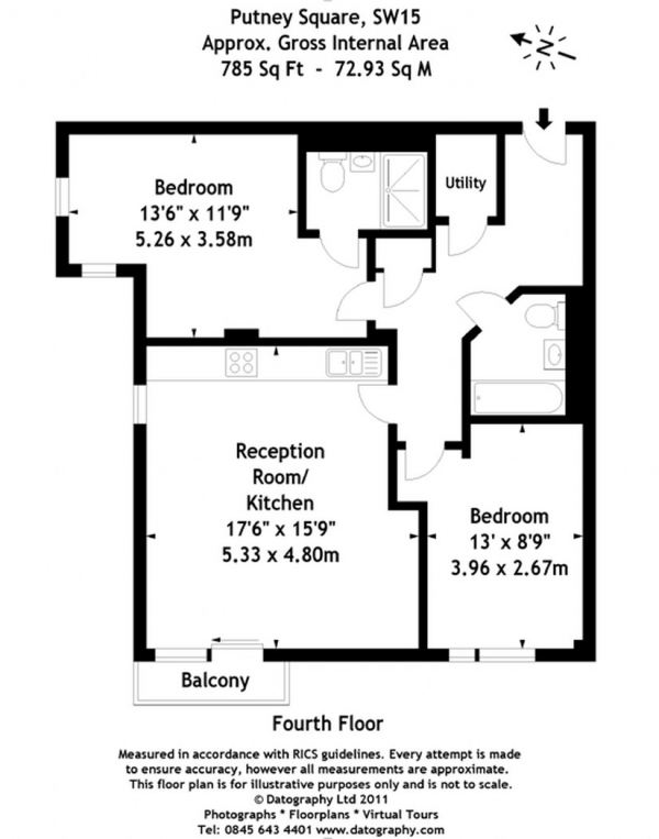 Floor Plan for 2 Bedroom Apartment to Rent in College House, Putney Hill, Putney, SW15, 6BF - £475 pw | £2058 pcm
