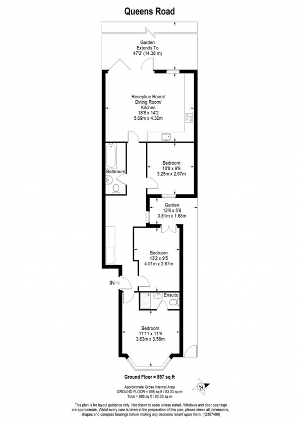 Floor Plan Image for 3 Bedroom Apartment to Rent in 208 Queens Road, Flat 1, London