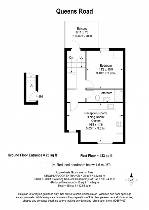 Floor Plan Image for 1 Bedroom Apartment to Rent in 208 Queens Road, Flat 3, London