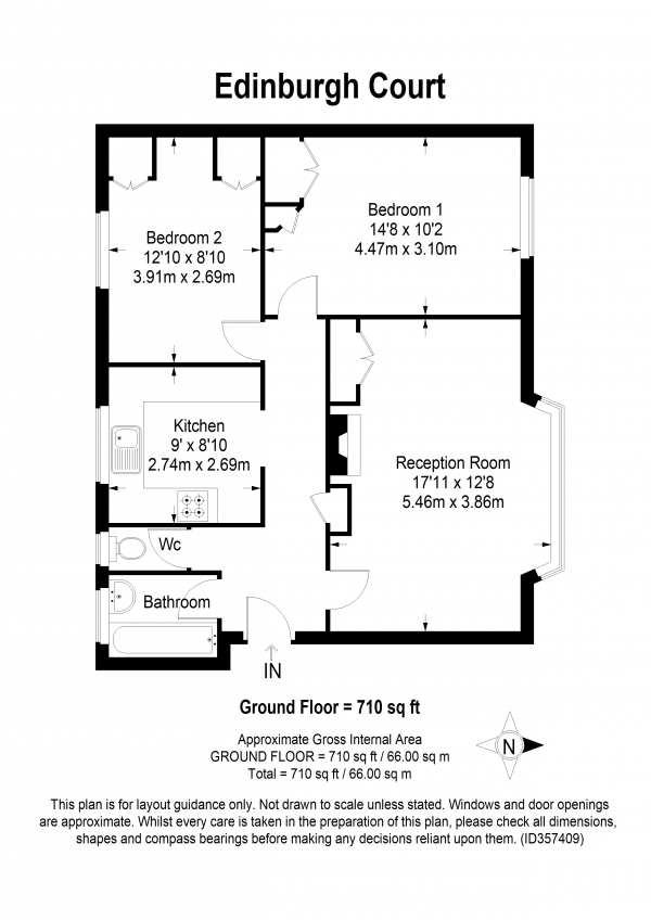 Floor Plan for 2 Bedroom Apartment to Rent in Edinburgh Court, Grand Drive, London, SW20, 9NF - £323 pw | £1400 pcm