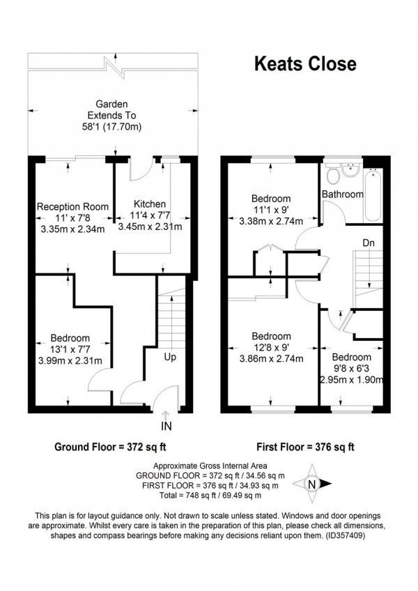 Floor Plan Image for 3 Bedroom Terraced House to Rent in Keats Close, Wimbledon