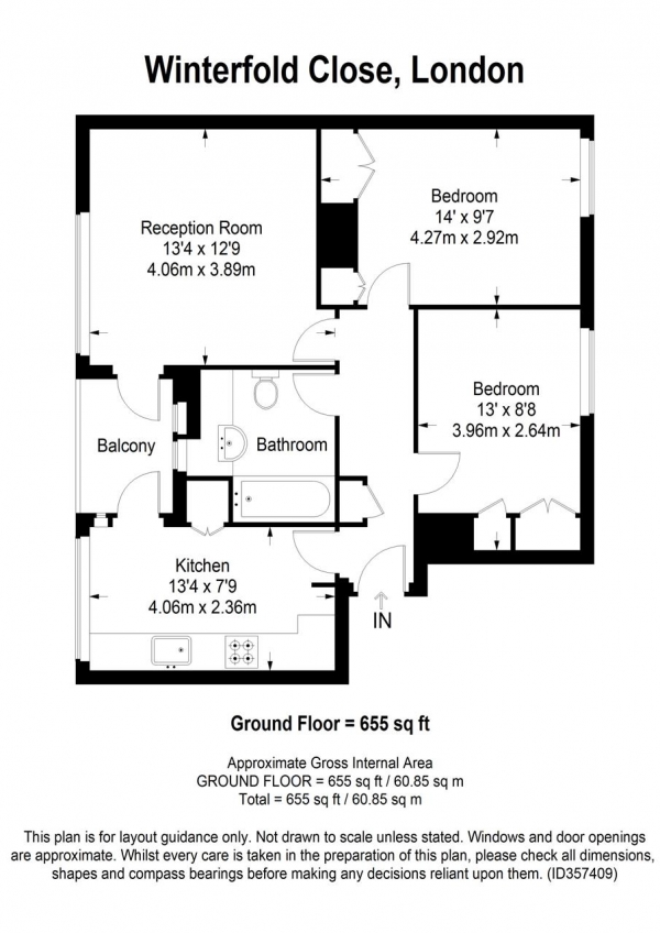 Floor Plan for 2 Bedroom Apartment for Sale in Winterfold Close, Albert Drive, Southfields, SW19, 6LE -  &pound385,000