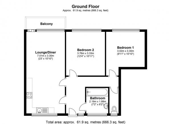 Floor Plan for 2 Bedroom Apartment for Sale in Winterfold Close, Southfields, Southfields, SW19, 6LE -  &pound385,000