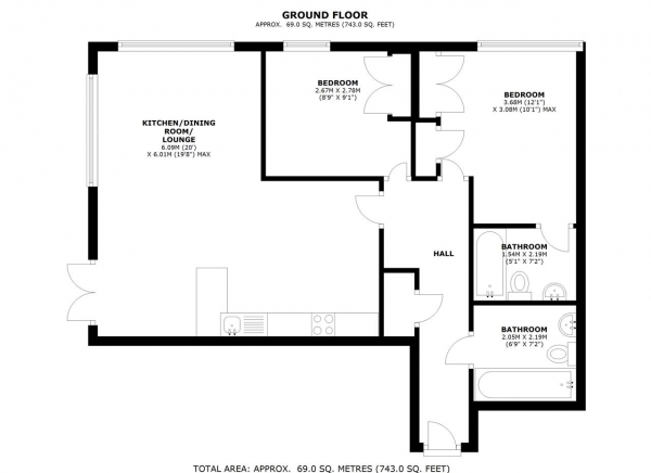 Floor Plan Image for 2 Bedroom Apartment to Rent in Canterbury Hall, Lewiston, Worcester Park