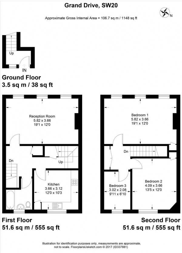 Floor Plan for 3 Bedroom Apartment to Rent in Grand Drive, Raynes Park, SW20, 9NQ - £346 pw | £1500 pcm