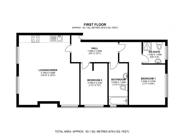 Floor Plan Image for 2 Bedroom Apartment to Rent in Russell Road, Wimbledon