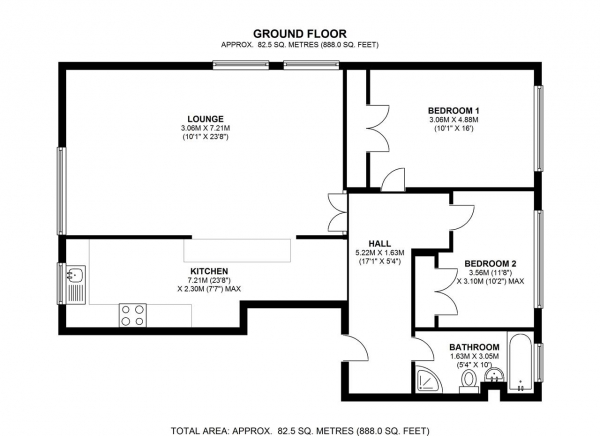 Floor Plan Image for 2 Bedroom Apartment to Rent in Grange Lodge, The Grange, Wimbledon Village