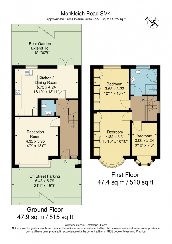 Floor Plan Image for 3 Bedroom End of Terrace House for Sale in Monkleigh Road, Morden