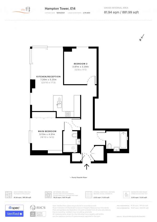 Floor Plan Image for 2 Bedroom Apartment to Rent in HAMPTON TOWER, SOUTH QUAY PLAZA, E14 9QA