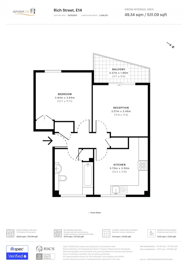 Floor Plan for 1 Bedroom Apartment to Rent in RICH STREET, DOCKLANDS E14 8AL, Limehouse, E14, 8AL - £405  pw | £1755 pcm