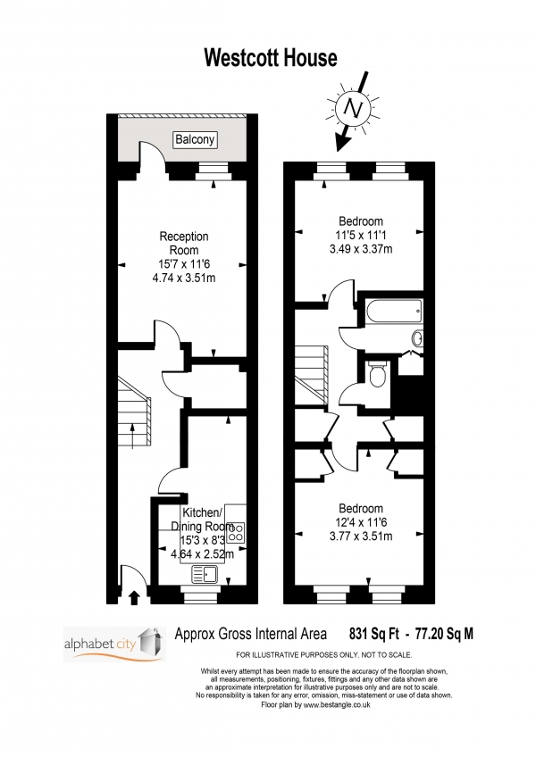 Floor Plan Image for 2 Bedroom Apartment to Rent in WESTCOTT HOUSE, ISLE OF DOGS, LONDON E14 0DG