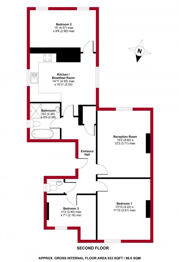 Floor Plan Image for 3 Bedroom Apartment to Rent in Haringey Park,  N8