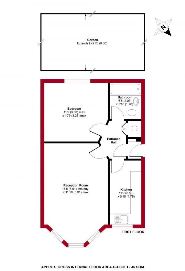 Floor Plan Image for 1 Bedroom Apartment to Rent in Birkbeck Road, N8