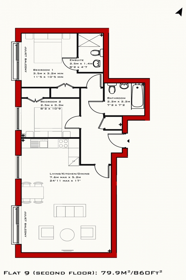 Floor Plan Image for 2 Bedroom Apartment to Rent in Gransden House, Park Road, N8