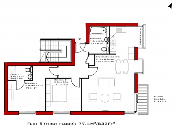 Floor Plan Image for 2 Bedroom Apartment to Rent in Gransden House, Park Road, N8