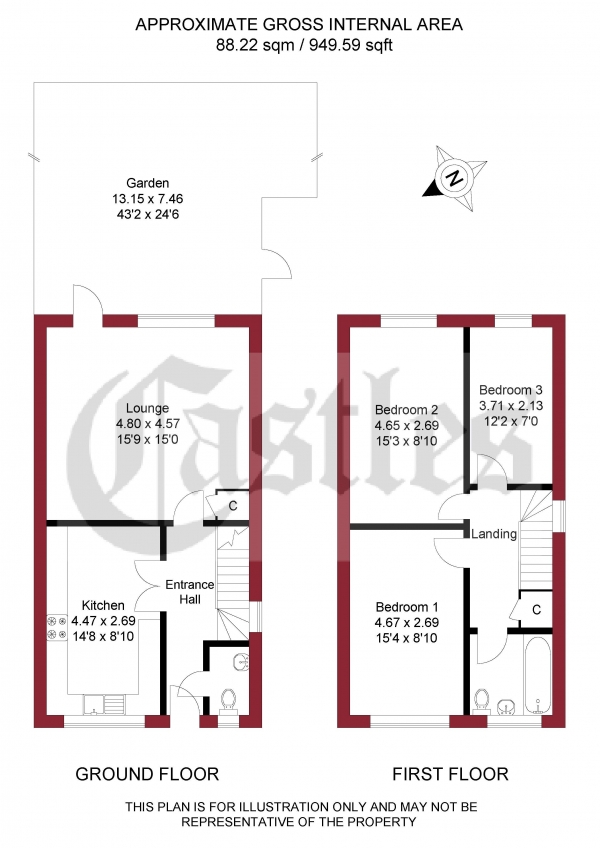 Floor Plan for 3 Bedroom Semi-Detached House for Sale in Sandringham Way, Waltham Cross, EN8, 8DU -  &pound425,000