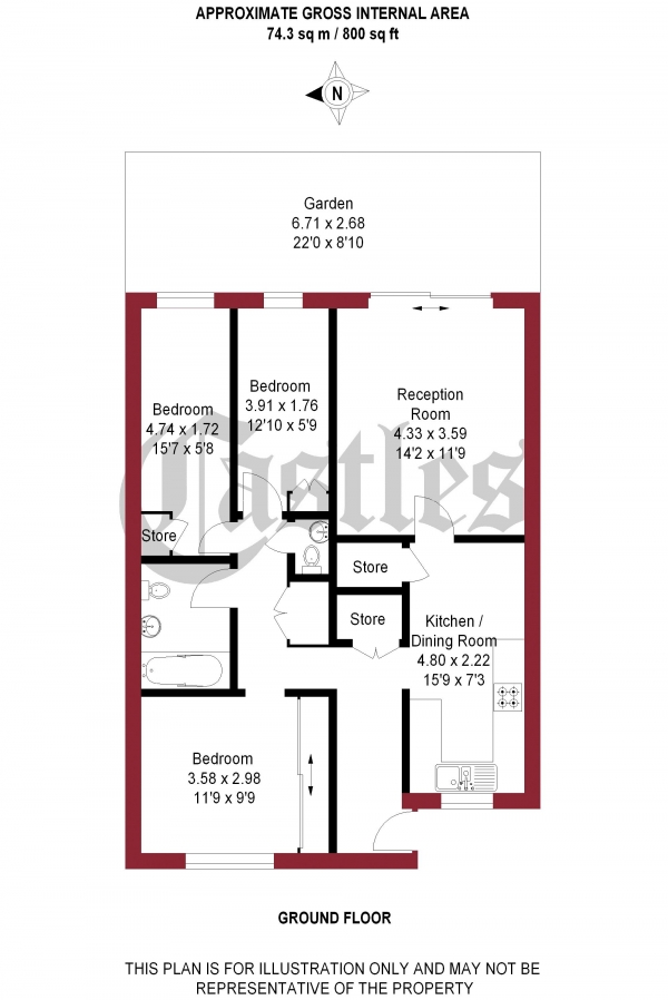Floor Plan for 3 Bedroom Apartment for Sale in Harleston Close, London, E5, 9NH -  &pound425,000