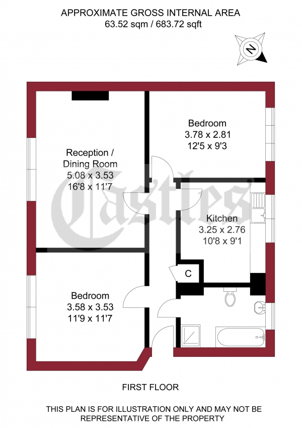 Floor Plan for 2 Bedroom Apartment for Sale in Tottenhall Road, London, N13, N13, 6DL -  &pound325,000