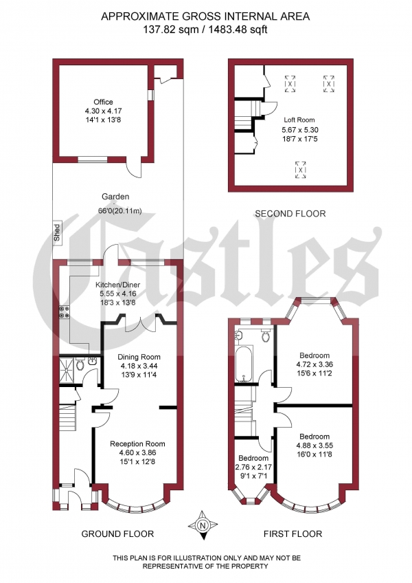Floor Plan for 3 Bedroom Terraced House for Sale in Grenoble Gardens, Palmers Green, N13, N13, 6JG -  &pound570,000