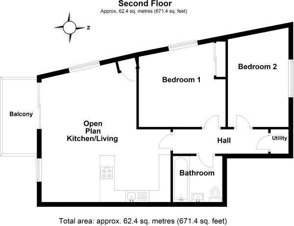 Floor Plan Image for 2 Bedroom Apartment for Sale in Riverside Court, Hazlemere Marina, Waltham Abbey, EN9