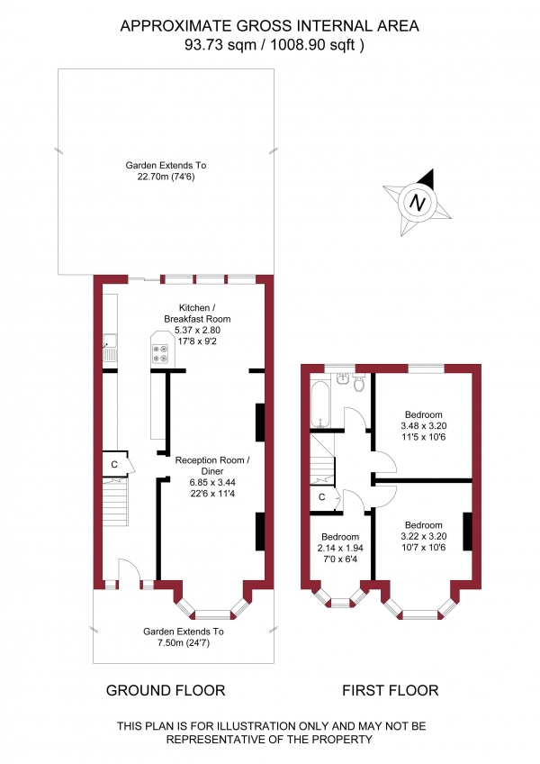 Floor Plan for 3 Bedroom Semi-Detached House for Sale in Hadleigh Road, Edmonton, N9, 7BU - Offers in Excess of &pound469,950