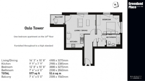 Floor Plan Image for 1 Bedroom Flat to Rent in Oslo Tower, Greenland Place, SE8