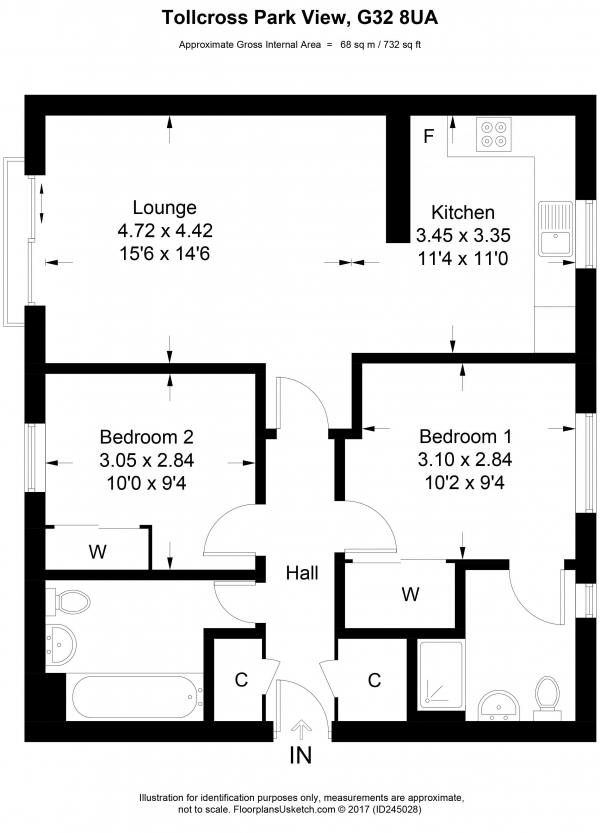 Floor Plan for 2 Bedroom Apartment for Sale in Tollcross Park View, Glasgow, G32, 8UA - Offers in Excess of &pound82,000