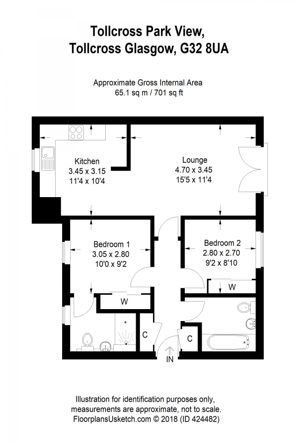 Floor Plan for 2 Bedroom Apartment for Sale in Tollcross Park View, Glasgow, G32, 8UA - Offers Over &pound85,000