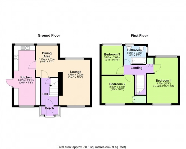 Floor Plan Image for 3 Bedroom End of Terrace House for Sale in Woodland Drive, Cheslyn Hay, WS6 7EW