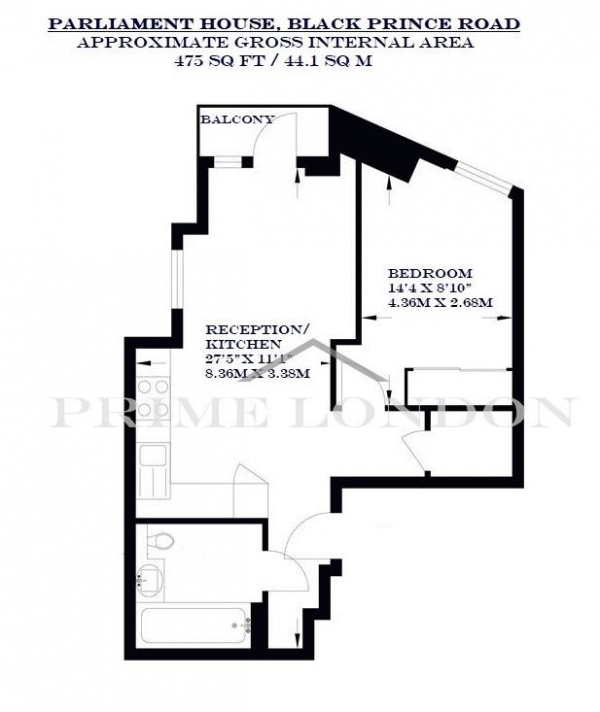 Floor Plan Image for 1 Bedroom Apartment to Rent in Parliament House, 81 Black Prince Road, London