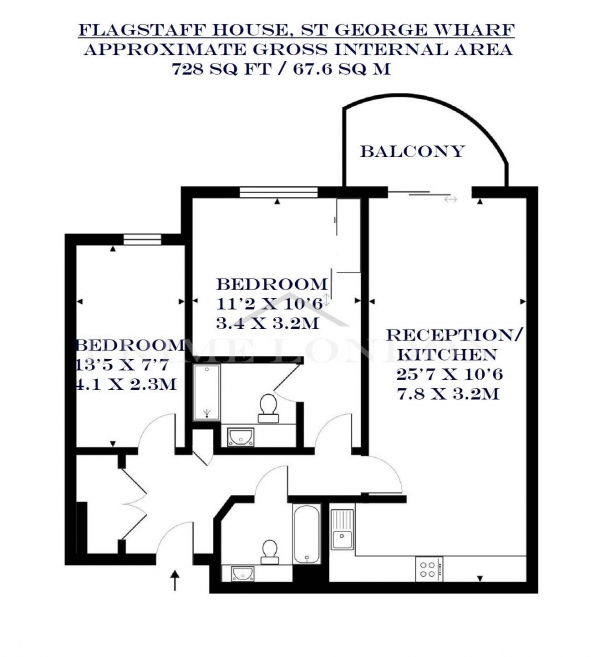 Floor Plan Image for 2 Bedroom Apartment to Rent in Flagstaff House, St George Wharf, Vauxhall