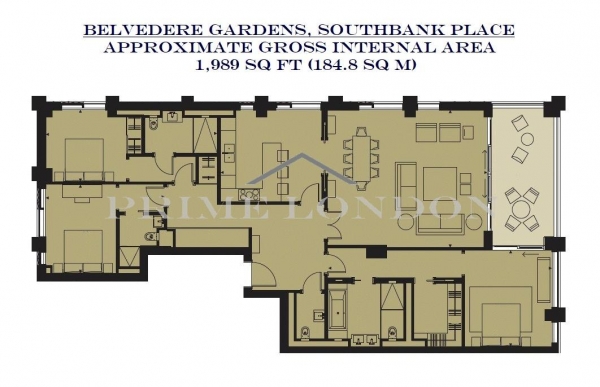 Floor Plan Image for 3 Bedroom Apartment to Rent in Belvedere Gardens, Southbank Place, London