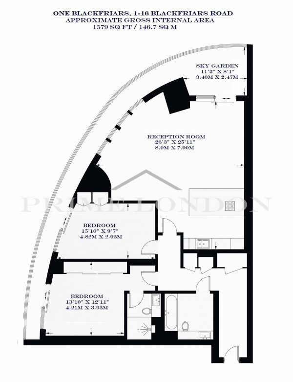 Floor Plan Image for 2 Bedroom Apartment to Rent in One Blackfriars, 1-16 Blackfriars Road, London