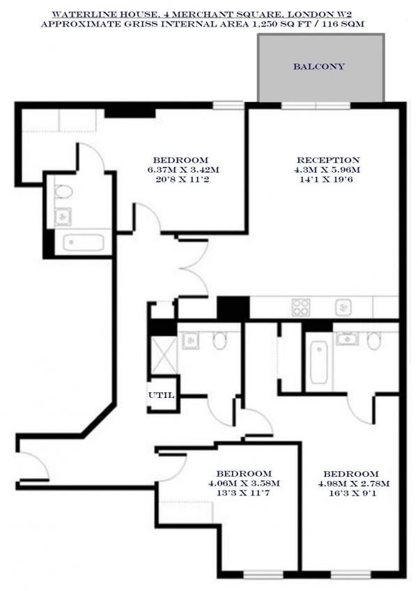 Floor Plan Image for 3 Bedroom Apartment for Sale in Waterline House, 4 Merchant Square, Paddington