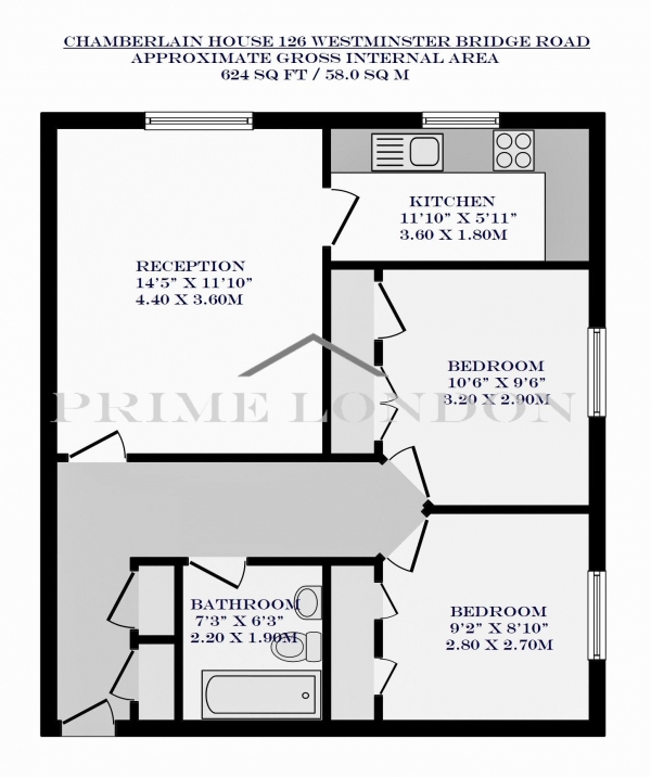 Floor Plan Image for 2 Bedroom Apartment to Rent in Chamberlain House, 126 Westminster Bridge Road, Waterloo