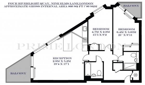 Floor Plan Image for 2 Bedroom Apartment to Rent in Four Riverlight Quay, Nine Elms, London