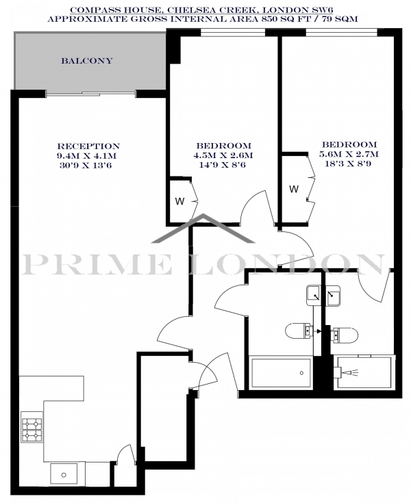 Floor Plan Image for 2 Bedroom Apartment to Rent in Compass House, 5 Park Street, Chelsea Creek