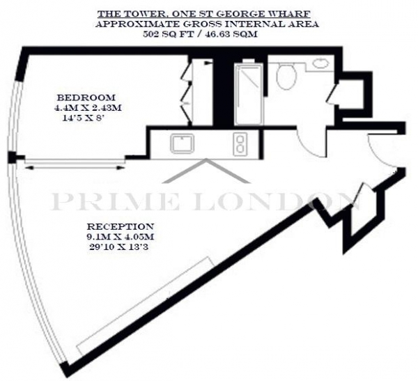 Floor Plan Image for 1 Bedroom Apartment to Rent in The Tower, One St George Wharf, London