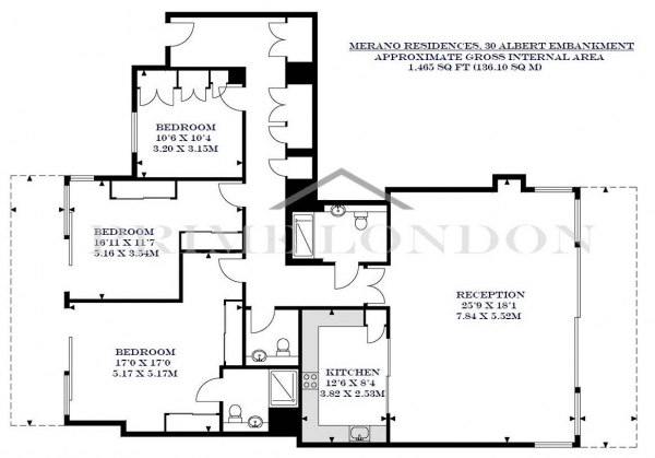 Floor Plan Image for 3 Bedroom Apartment for Sale in Merano Residences, 30 Albert Embankment, South Bank