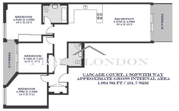 Floor Plan Image for 3 Bedroom Apartment for Sale in Cascade Court, 1 Sopwith Way, Vista Chelsea Bridge Wharf